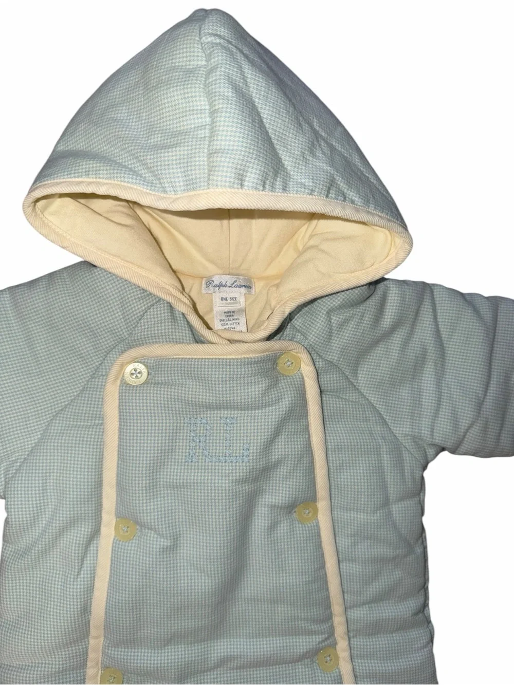Ralph Lauren vintage blue and white winter bunting suit, newborn-6 months